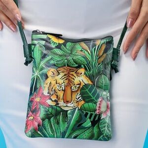 Vivid by Sukriti Green Tiger Pattern Hand Painted Genuine Leather Crossbody Bag